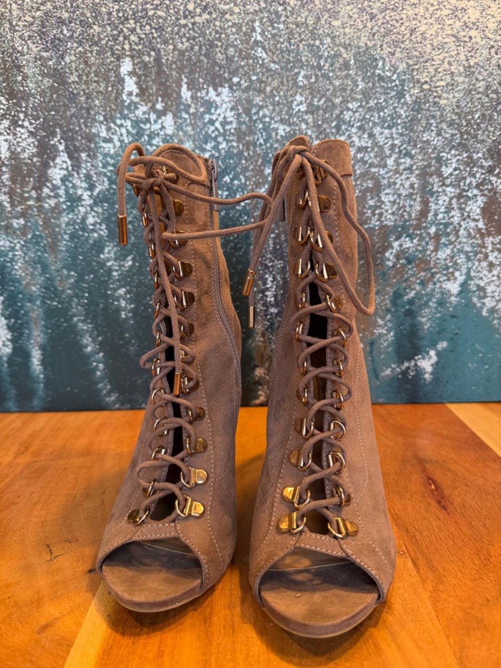 Anne Michelle Y2K Inspired Taupe Lace-Up Heeled Booties (VGUC) - Picture 3 of 13
